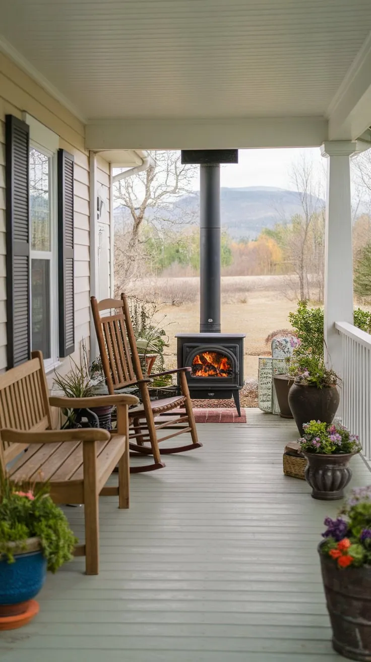 Charming Country Porch with Cozy Stove