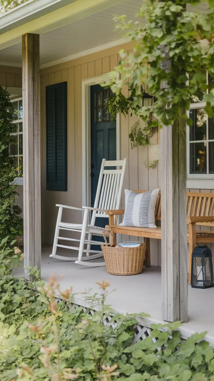 Cozy Country Porch with Rocking Chair and Lush Greenery