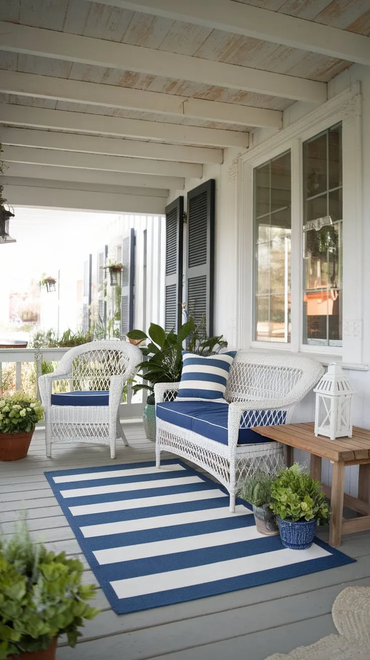 Cozy Country Porch Decor with Wicker and Blue Accents