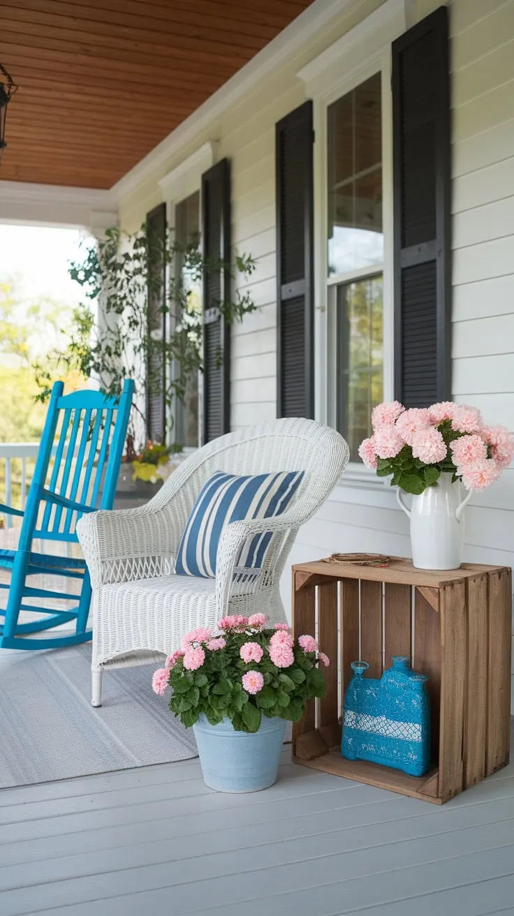 Cozy Country Porch Decor with Wicker and Blooms