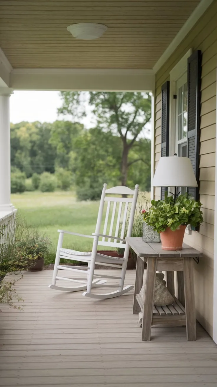 Charming Country Porch with Rocking Chair and Lush Views