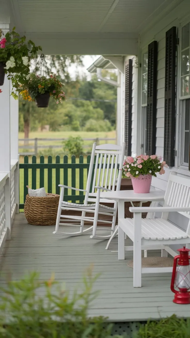 Cozy Front Porch Oasis with White Furniture
