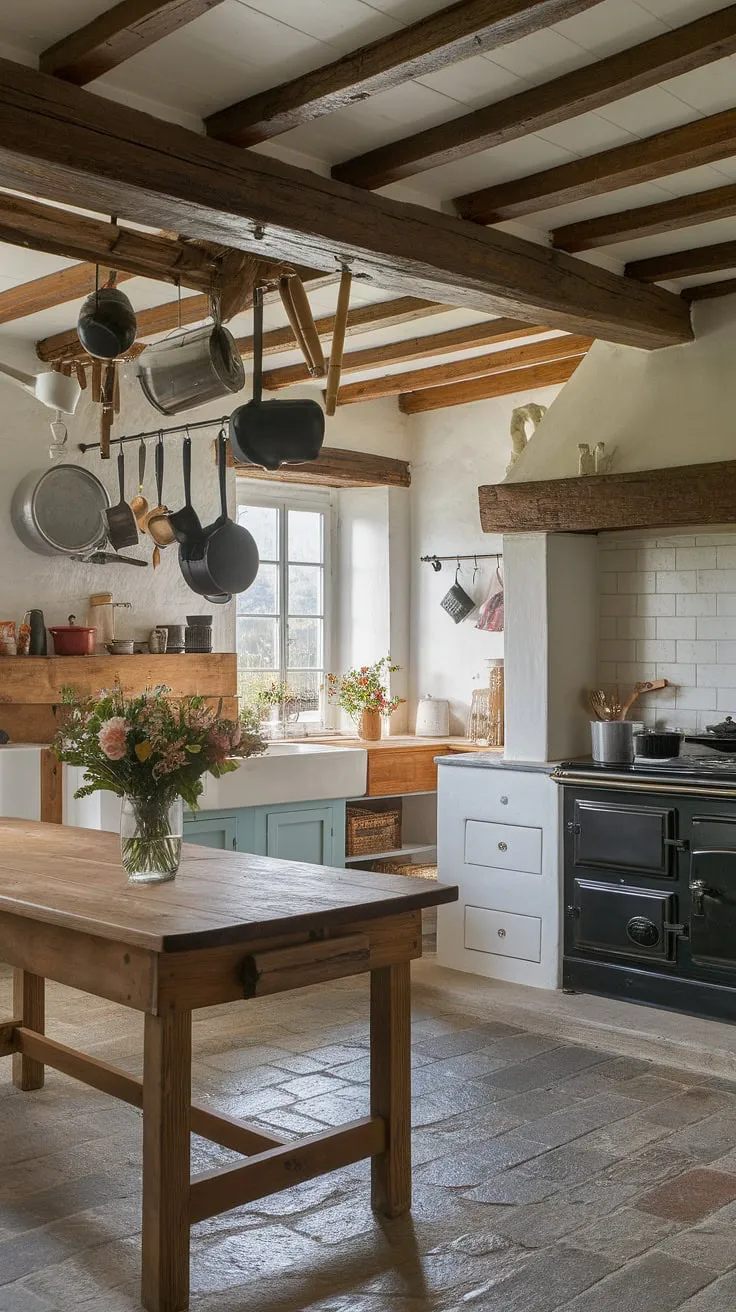 Step into the heart of this charming rustic farmhouse kitchen, where country kitchen designs meet timeless elegance.  The exposed wooden beams, stone floor, and black stove create a warm and inviting atmosphere, perfectly embodying the spirit of a European farmhouse.  Fresh flowers on the wooden table add a touch of delicate beauty to this functional space, showcasing the best of country kitchens.