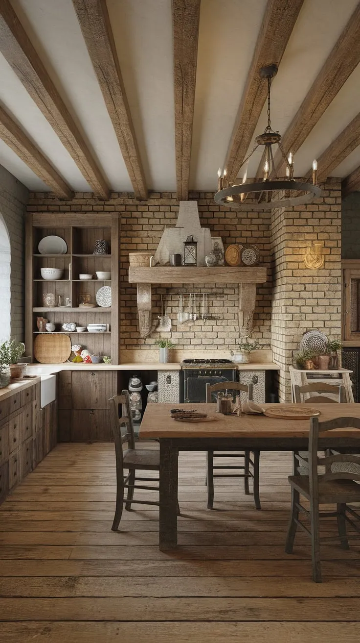 Step into the heart of this charming European farmhouse, where rustic farmhouse kitchen design meets modern comfort.  The exposed wooden beams, brick walls, and antique details create the perfect ambiance for a cozy country kitchen. This french country kitchen is a testament to timeless country kitchen designs.
