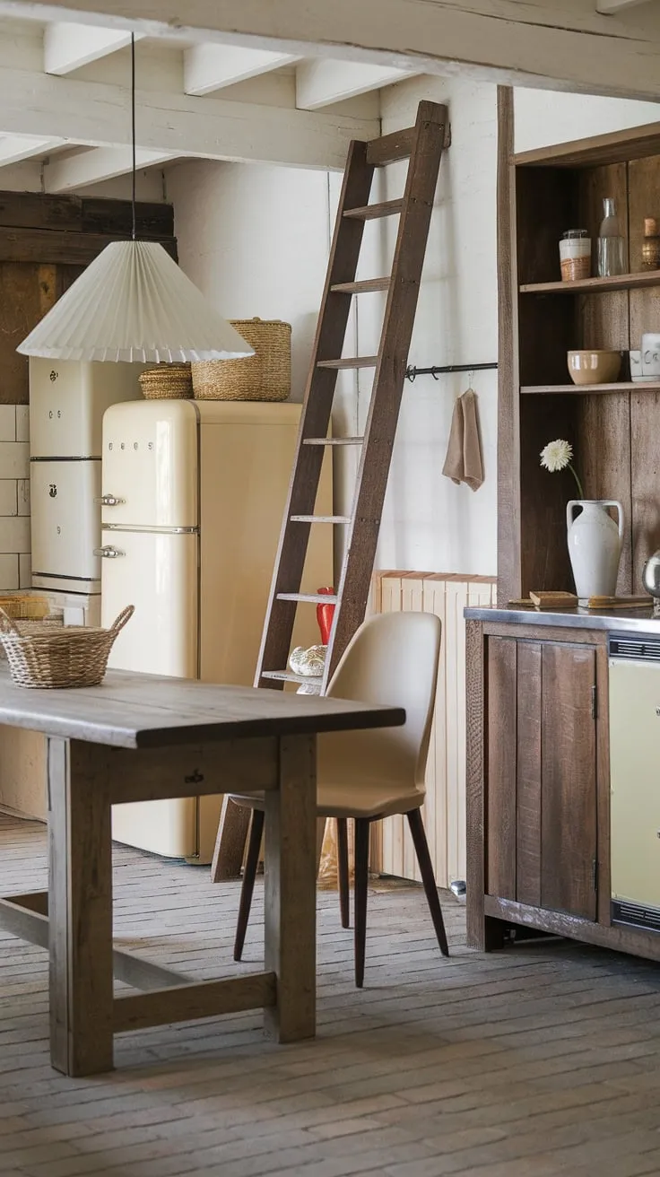 Imagine yourself in this idyllic rustic farmhouse kitchen.  The farmhouse kitchen design effortlessly blends country kitchen elements with a touch of French country charm.  Every detail, from the brick floor to the wooden ladder, speaks to the beauty of a European farmhouse and the enduring appeal of country kitchens.