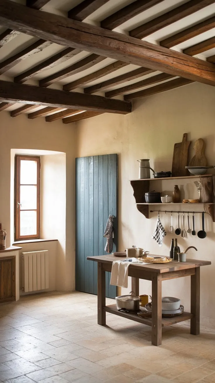 This rustic farmhouse kitchen embodies the essence of a french country kitchen.  The wooden table, simple shelving, and warm color palette create a space that's both inviting and functional, perfectly illustrating farmhouse kitchen design and the beauty of a european farmhouse.  Explore the possibilities of country kitchen designs in this idyllic country kitchen setting.