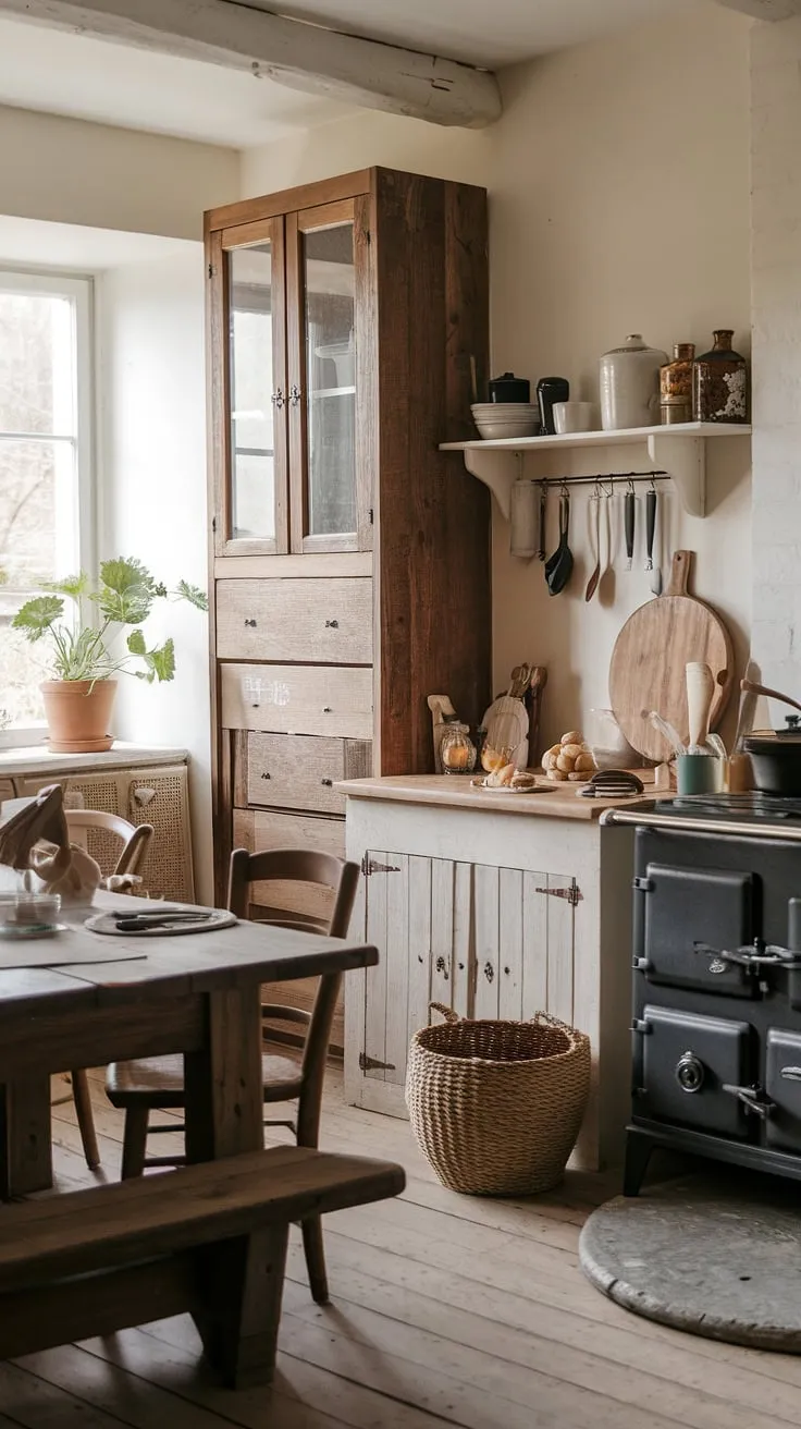 This french country kitchen is a dream come true.  The worn wood floors, wooden cabinets, and rustic dining table speak to the beauty of farmhouse kitchen design.  A perfect example of country kitchen designs, this space effortlessly blends rustic charm with functional elegance.