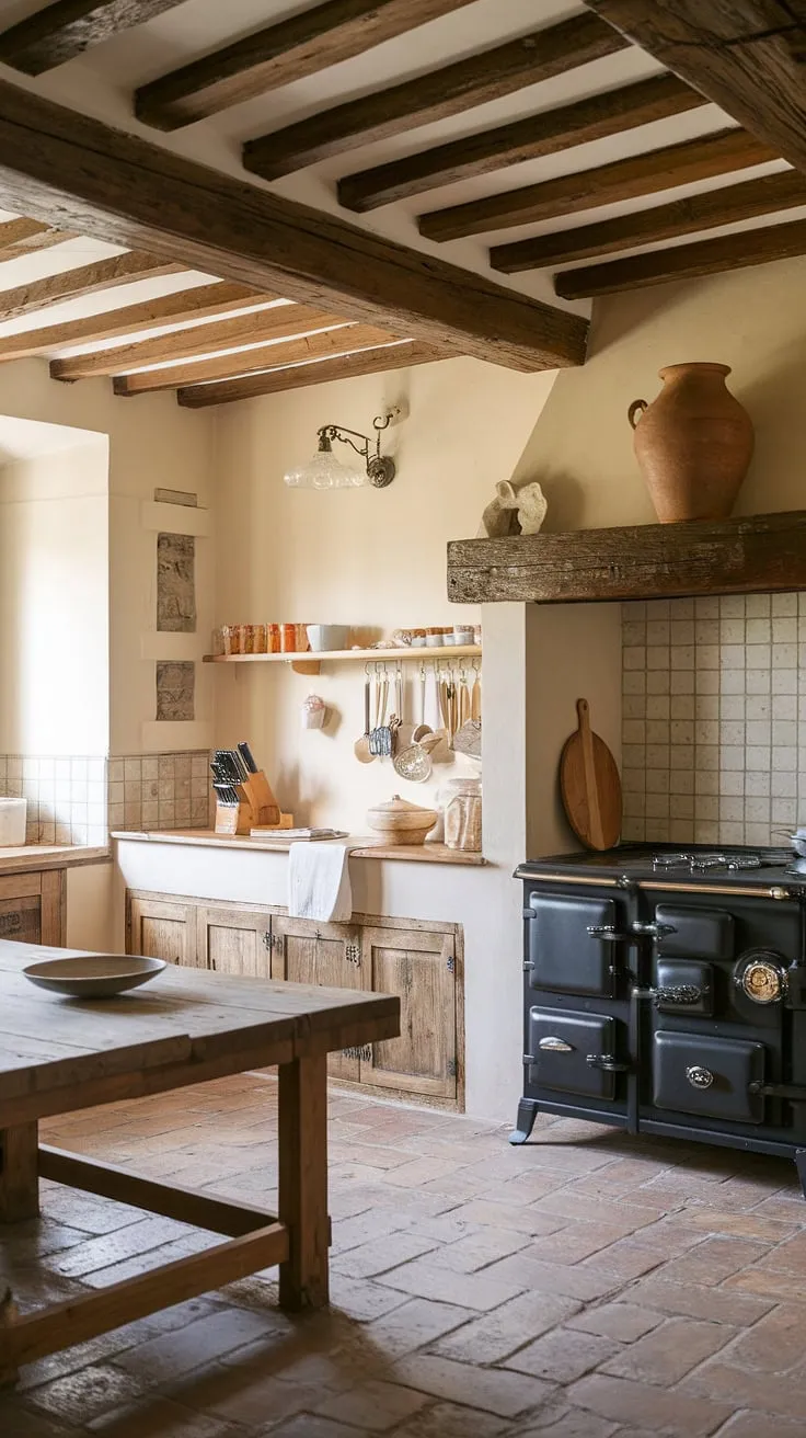 This European farmhouse kitchen embodies rustic charm.  The aged wood, terracotta tiles, and vintage details create the perfect blend of country kitchen designs and French country kitchen aesthetics, showcasing the timeless appeal of a rustic farmhouse kitchen and farmhouse kitchen design.