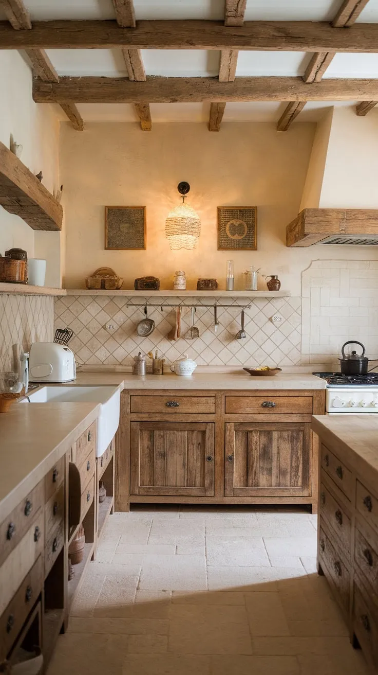 Imagine waking up to this: a rustic farmhouse kitchen brimming with character. This country kitchen's design seamlessly blends French country kitchen elegance with farmhouse kitchen design principles, creating a truly inviting country kitchens haven.  The subtle details and warm tones make it a dream space.