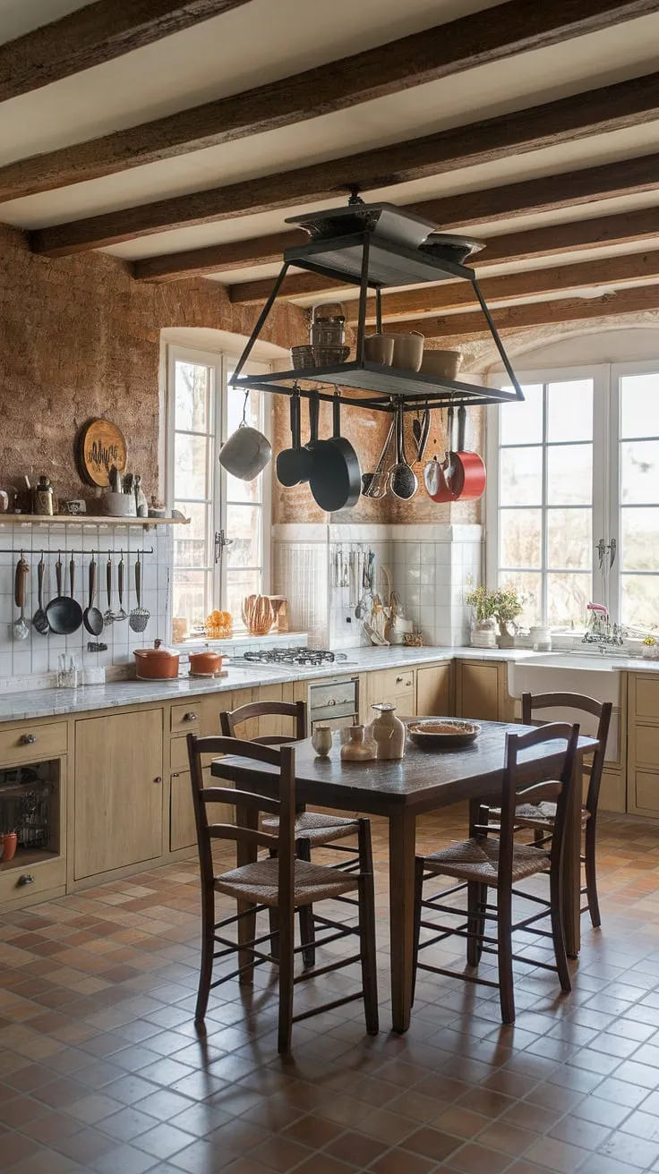 Imagine yourself in this idyllic rustic farmhouse kitchen.  The blend of exposed brick, wooden beams, and a tiled floor creates a truly authentic French country kitchen.  This farmhouse kitchen design effortlessly combines practicality with elegance, making it the heart of any country kitchen.  The generous natural light and ample space make it the perfect example of country kitchen designs.