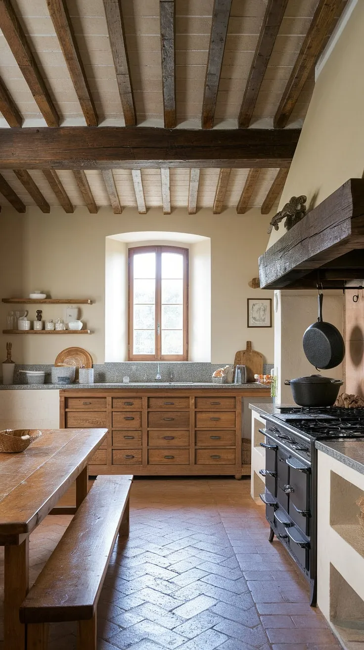This rustic farmhouse kitchen, a stunning example of European farmhouse design, embodies the charm of country kitchens.  The aged wood, stone fireplace, and terracotta tiles create a warm and inviting atmosphere, perfect for gathering around the large wooden table.  This French country kitchen showcases the best of country kitchen designs.