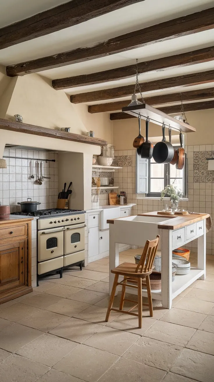 Imagine yourself in this rustic farmhouse kitchen, a haven of country kitchens style.  The blend of white cabinets, a wooden island, and beige accents showcases the best of farmhouse kitchen design, creating a truly captivating and functional European farmhouse space.