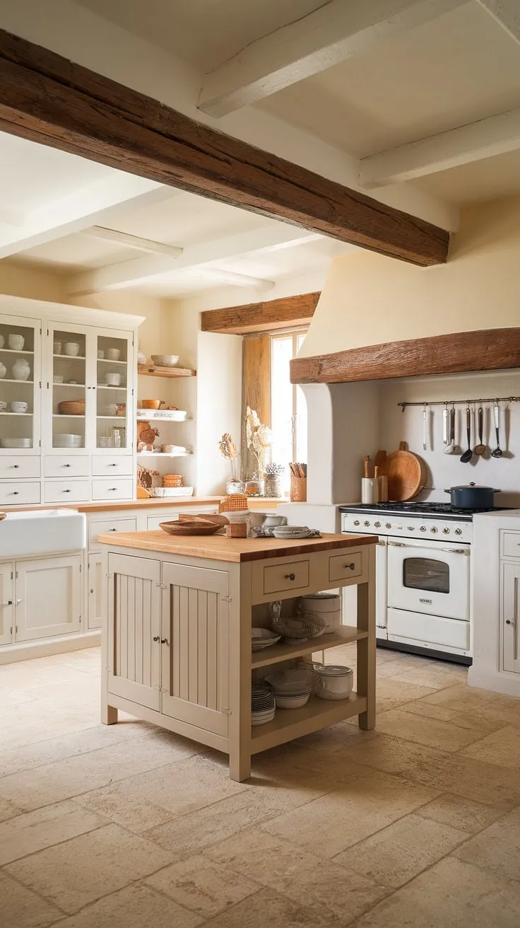 This French country kitchen embodies the charm of rustic farmhouse design.  The warm beige and white palette, coupled with the rich wood accents, creates a cozy and inviting space perfect for culinary adventures.  A testament to elegant country kitchen designs and European farmhouse style, this kitchen is a dream come true for lovers of country kitchens.