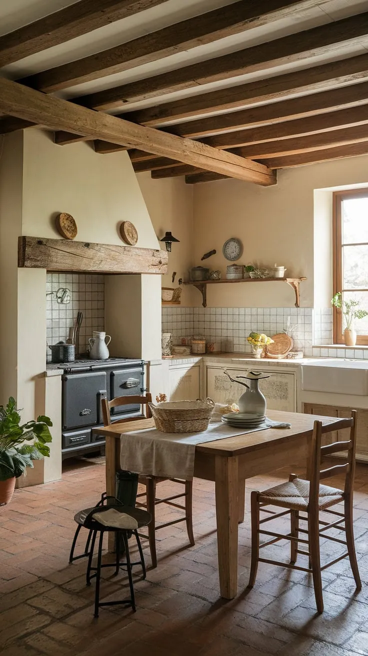 This rustic farmhouse kitchen, a perfect example of French country kitchen design, embodies the charm of a European farmhouse.  The warm terracotta tiles, wooden beams, and simple elegance create a country kitchen that's both inviting and effortlessly stylish.  Country kitchen designs don't get much better than this.