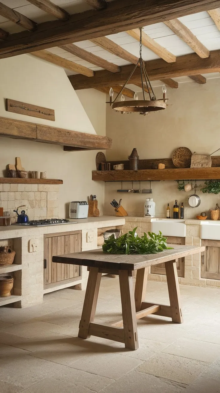 This French country kitchen, a masterpiece of rustic farmhouse kitchen design, effortlessly blends European farmhouse charm with modern practicality.  The warm beige tones, wooden beams, and limestone countertops create a space that's both inviting and sophisticated, showcasing the best of country kitchen designs.