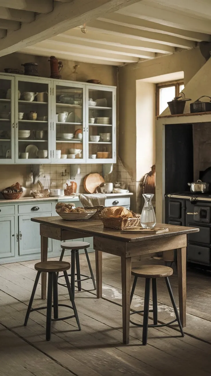 Step into the heart of this charming French country kitchen, where rustic farmhouse design meets timeless elegance.  The worn wood floors, vintage stove, and overflowing cabinets whisper tales of generations past, while the simple table setting promises cozy gatherings. This is more than just a kitchen; it's the embodiment of country kitchen designs and a true European farmhouse dream.
