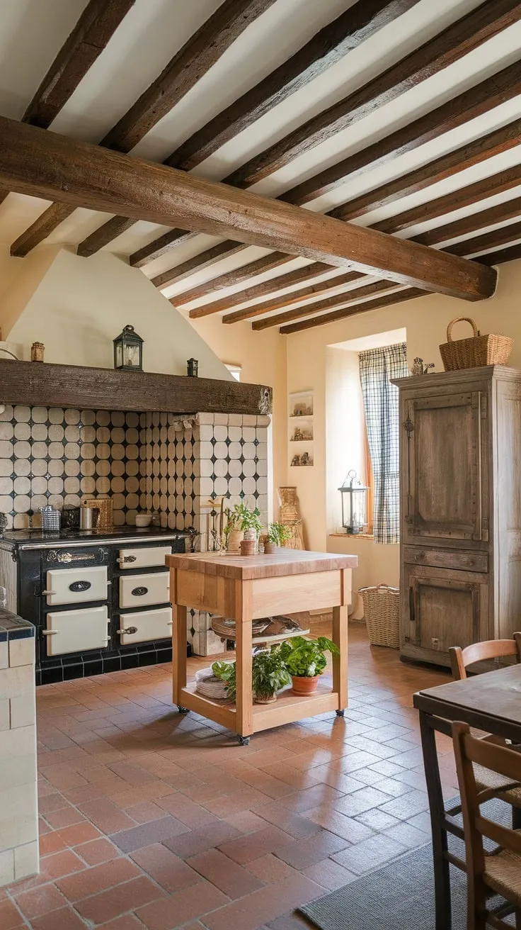 Imagine yourself cooking in this rustic farmhouse kitchen.  The blend of warm wood tones, exposed beams, and a charming vintage stove makes this country kitchen a dream come true.  This farmhouse kitchen design perfectly captures the essence of a country kitchens and showcases the beauty of a European farmhouse.