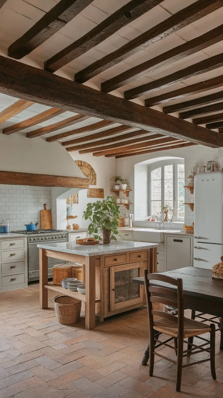 This rustic farmhouse kitchen embodies the essence of a country kitchen.  The farmhouse kitchen design seamlessly blends traditional European farmhouse elements—exposed beams, terracotta floors—with a spacious island and sleek appliances.  Discover the beauty of country kitchens and find inspiration for your own french country kitchen in this idyllic space.