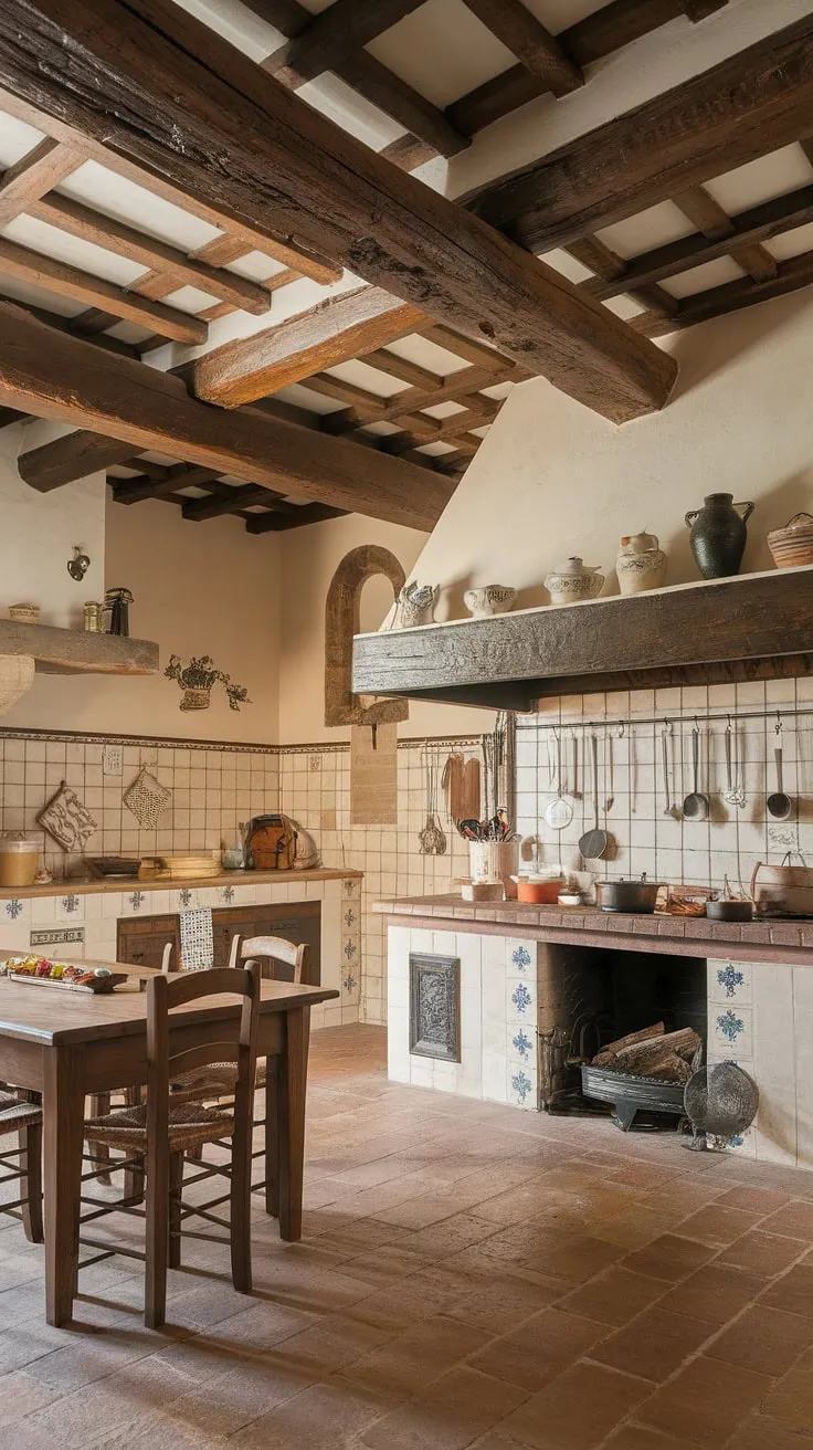 This European farmhouse kitchen, a masterpiece of rustic farmhouse kitchen design, embodies the charm of country kitchens.  The aged wood beams, stone fireplace, and terracotta tiles create a warm, inviting atmosphere perfect for gathering around the wooden table, a testament to the beauty of French country kitchen aesthetics.