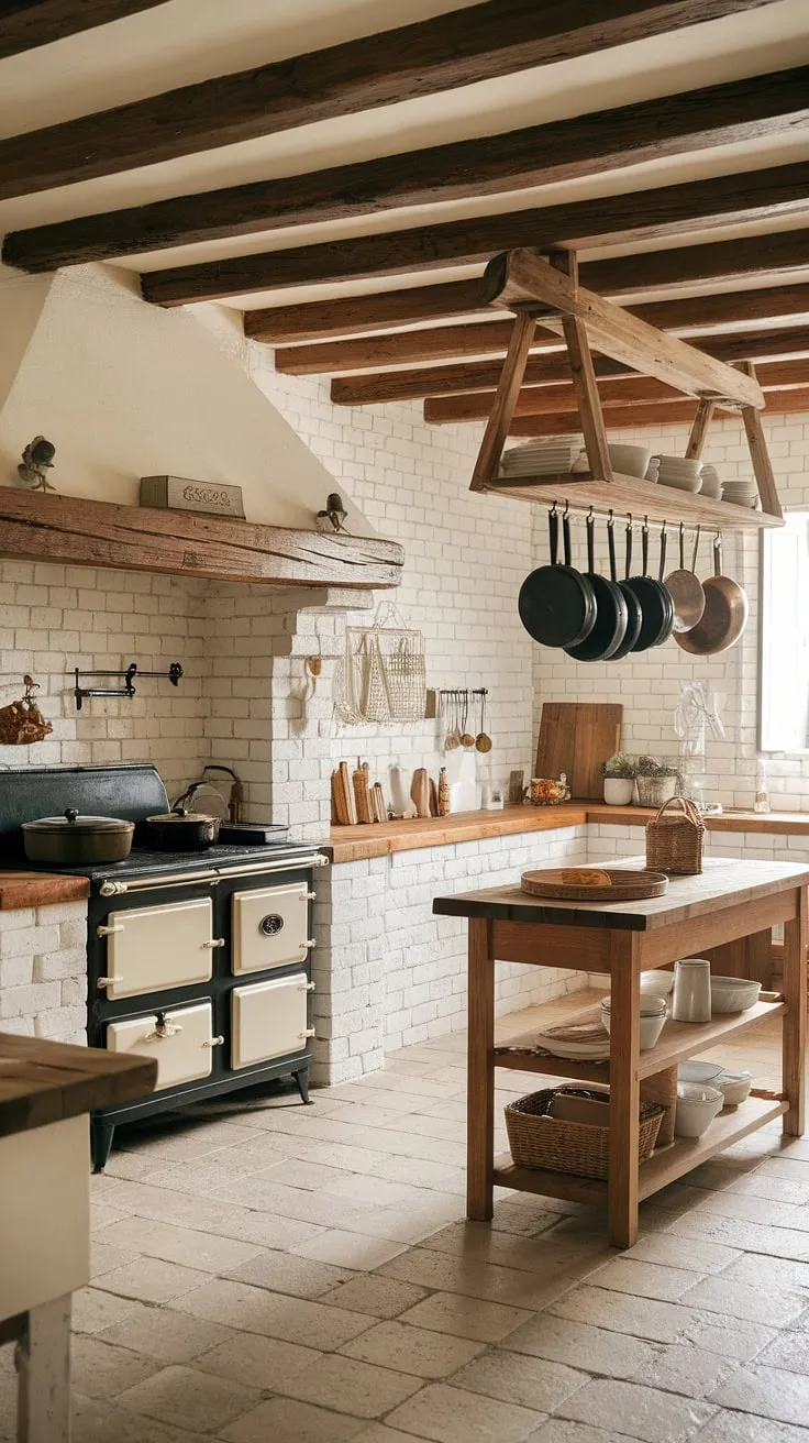 Imagine yourself cooking in this dream french country kitchen.  The exposed wooden beams and white brick walls create a captivating backdrop for the rustic farmhouse kitchen's heart: a vintage stove and charming wooden island. This european farmhouse kitchen is the epitome of country kitchen designs, offering a blend of rustic charm and practical elegance that defines country kitchens worldwide.