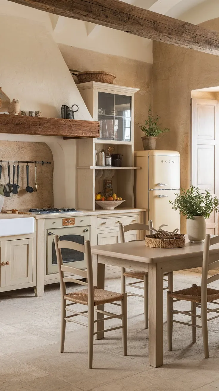 This rustic farmhouse kitchen is a testament to timeless country kitchen designs.  The blend of aged wood, neutral palettes, and thoughtful details evokes the spirit of a French country kitchen, making it the perfect example of a farmhouse kitchen design within a beautiful European farmhouse setting.  The country kitchens of old inspire this idyllic space.