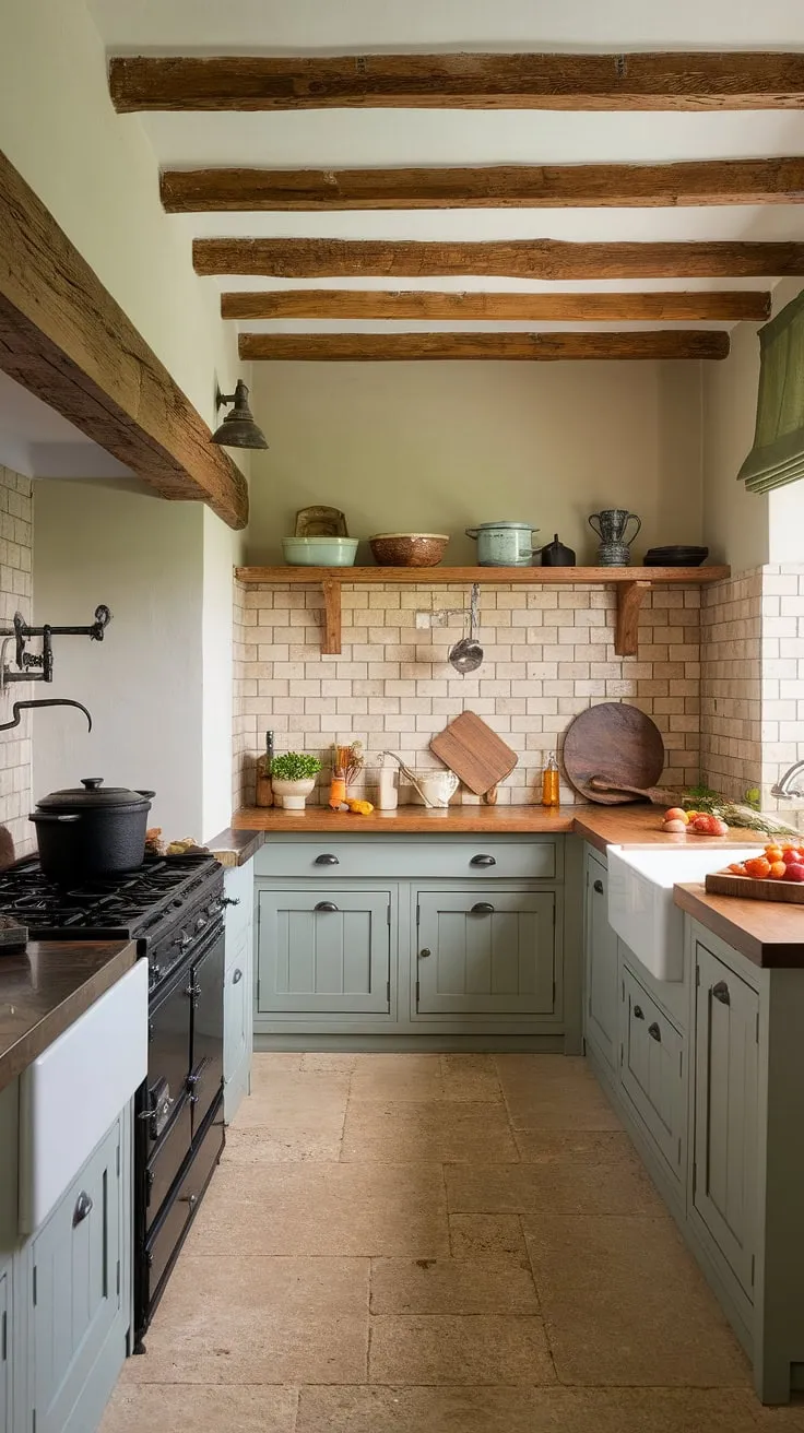 This French country kitchen embodies the rustic farmhouse kitchen aesthetic.  From the aged wooden cutting board and cast iron pot to the subtle elegance of the beige tile backsplash and green-curtained window, every detail speaks to the beauty of country kitchens and the timeless appeal of European farmhouse style.  A true testament to the art of farmhouse kitchen design.