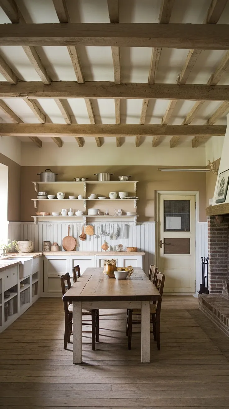 This rustic farmhouse kitchen, a stunning example of farmhouse kitchen design, embodies the charm of a European farmhouse.  The warm beige and white palette, coupled with exposed wooden beams and a brick fireplace, creates the perfect blend of country kitchen designs and French country kitchen aesthetics.  Note the thoughtful details in the country kitchens shelving and the inviting wooden table at the heart of the space.