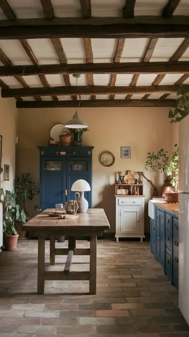 Warmth and charm fill this rustic farmhouse kitchen, a testament to timeless country kitchen designs. The European farmhouse feel is enhanced by the wooden beams, creating a space perfect for gathering.  This country kitchen embodies the spirit of relaxed elegance.