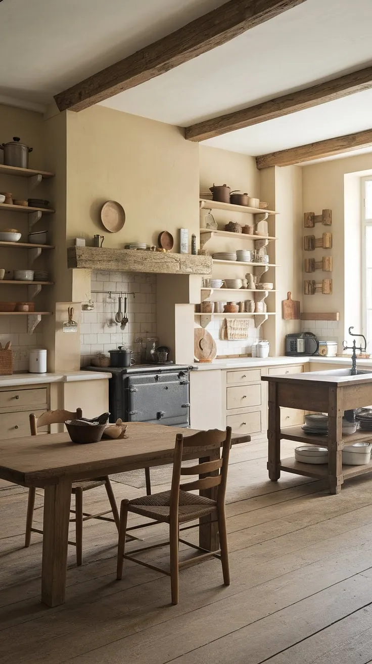Imagine waking up to the aroma of freshly baked bread in this idyllic country kitchen.  The rustic farmhouse elements, from the worn wooden floors to the vintage stove, perfectly complement the elegant simplicity of the French country kitchen design. This country kitchens' aesthetic is a testament to the enduring appeal of farmhouse kitchen design.