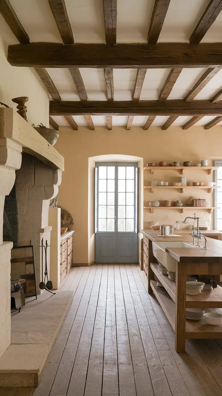 Imagine yourself in this French country kitchen, a dream realized in farmhouse kitchen design. The aged wood floors, exposed beams, and thoughtfully placed shelves showcase the beauty of a country kitchen, a true testament to rustic farmhouse kitchen style.