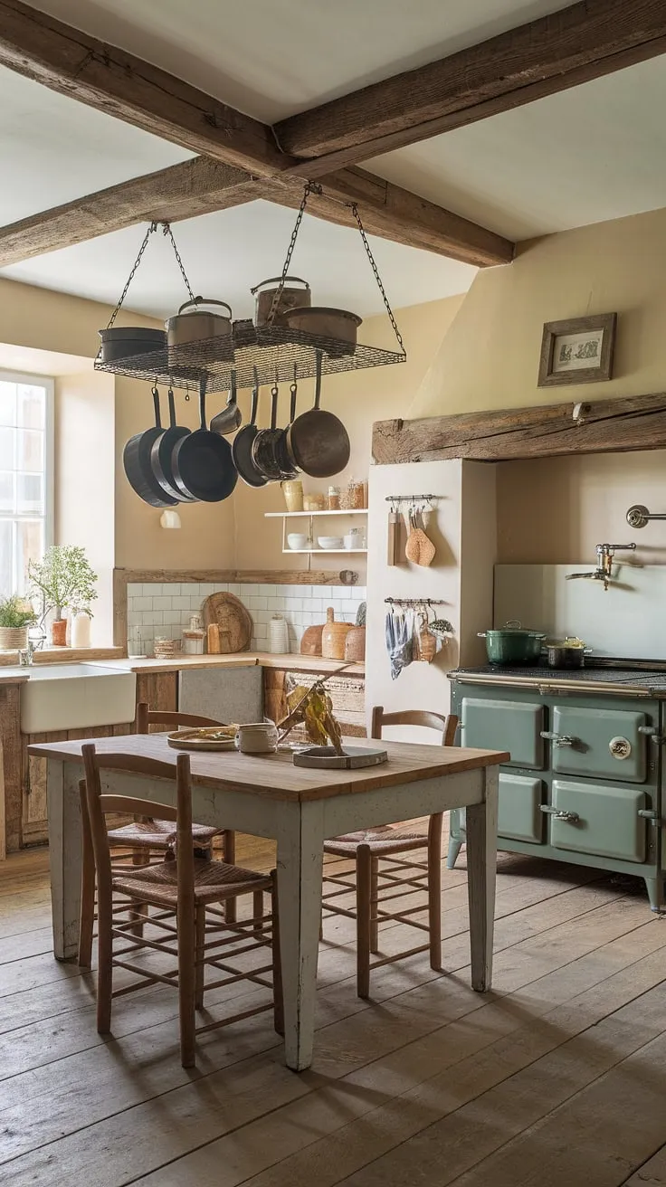 Step into the heart of this charming rustic farmhouse kitchen, where country kitchen designs meet European farmhouse elegance.  The beige and white palette, wooden beams, and vintage green stove create a truly inviting space, perfect for gathering around the wooden table. This is country kitchen living at its finest.