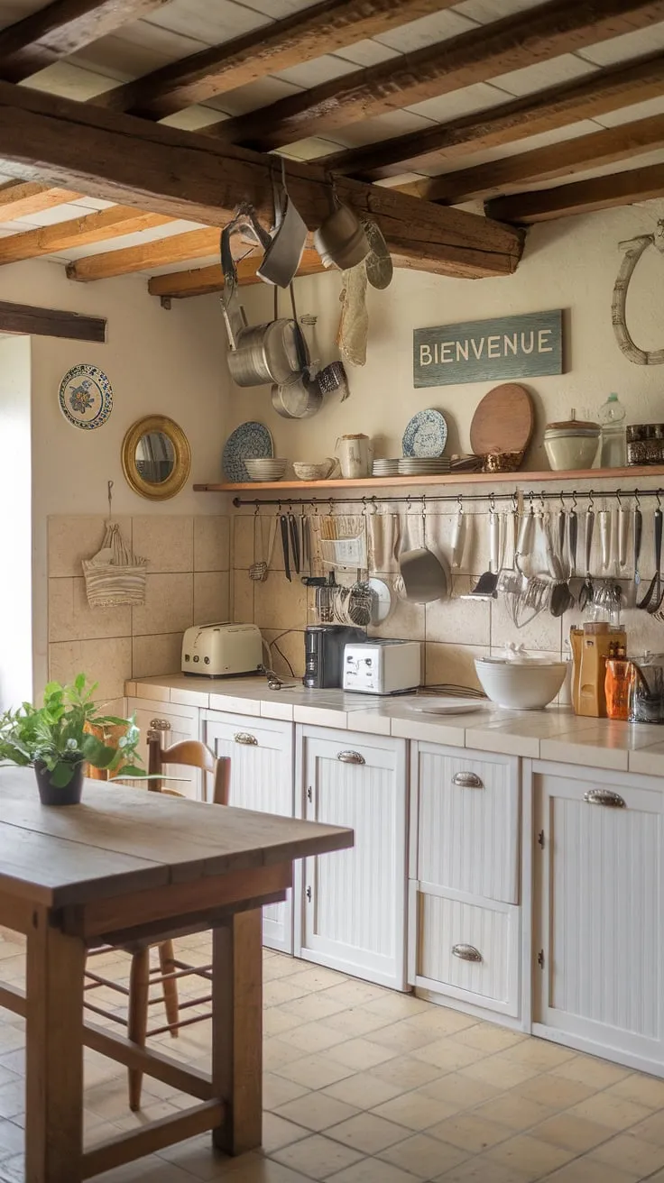 This rustic farmhouse kitchen, a perfect example of French country kitchen design, embodies the charm of a European farmhouse.  The warm wood beams and white cabinets create a space that's both inviting and functional, showcasing the best of country kitchen designs.  A testament to timeless country kitchens.