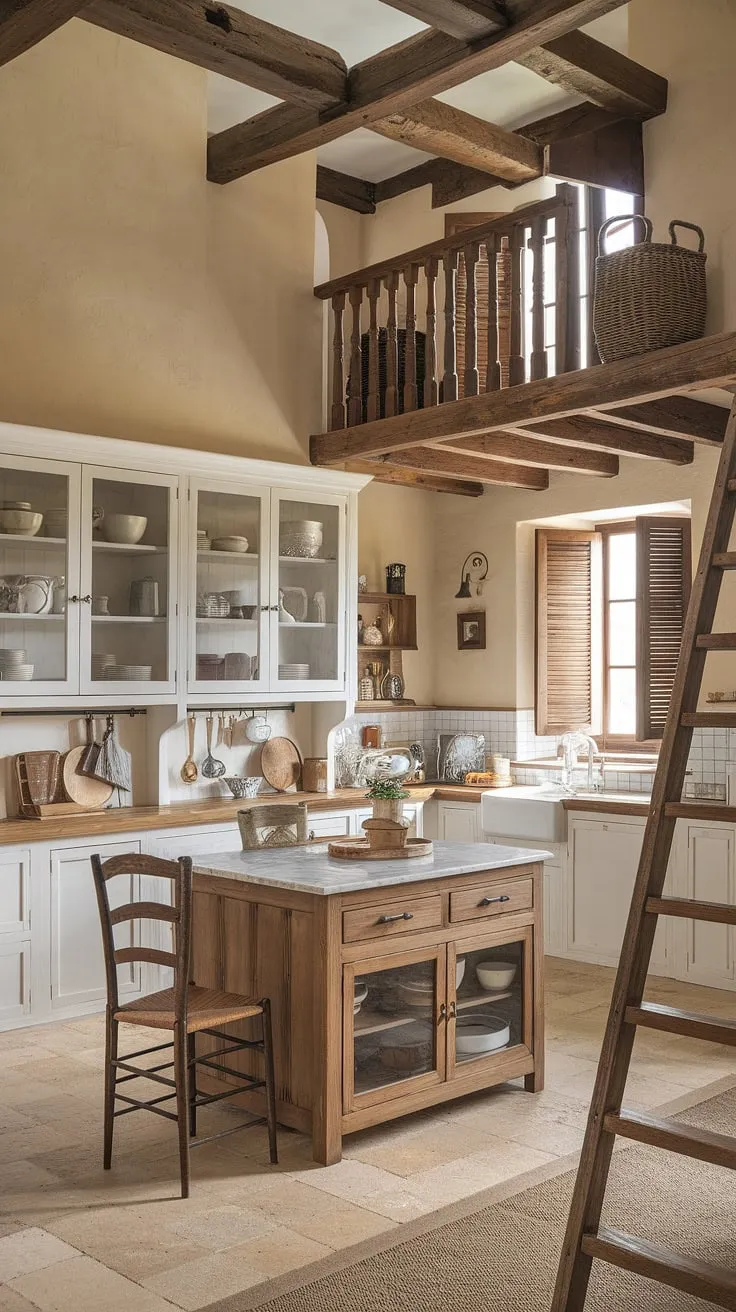 Imagine waking up in this French country kitchen.  The warm beige walls, exposed wooden beams, and the charming details of a farmhouse kitchen design create an atmosphere of relaxed elegance.  The white cabinets, filled with carefully curated pieces, speak to a love of cooking and entertaining. This European farmhouse kitchen is the epitome of country kitchens, a space where memories are made and delicious meals are shared.
