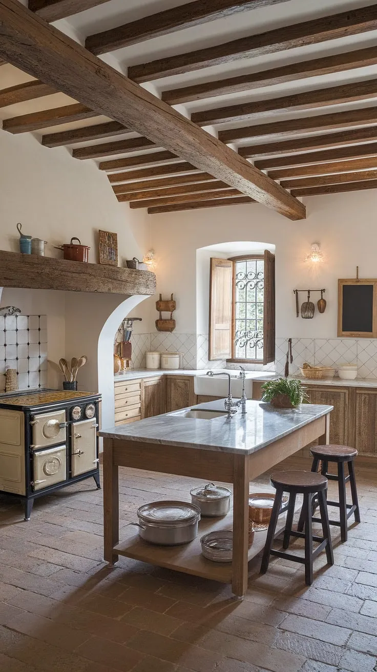 This European farmhouse kitchen embodies the charm of rustic farmhouse kitchen design.  The aged wood, terracotta tiles, and marble island create a space that's both functional and breathtakingly beautiful, a perfect example of country kitchen designs.