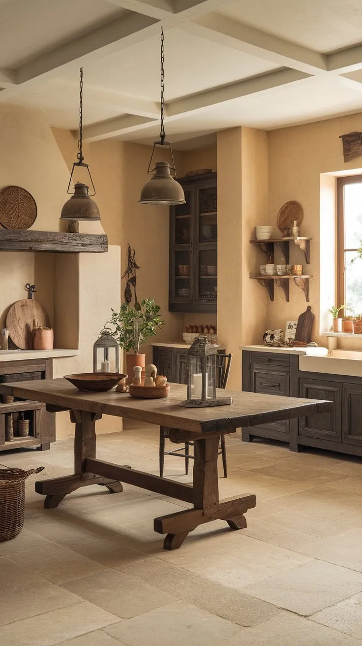 Imagine cozy evenings in this rustic farmhouse kitchen.  The rich textures and warm tones of this french country kitchen, with its farmhouse kitchen design, create a space that's both functional and aesthetically pleasing.  A testament to the enduring appeal of country kitchens and country kitchen designs.