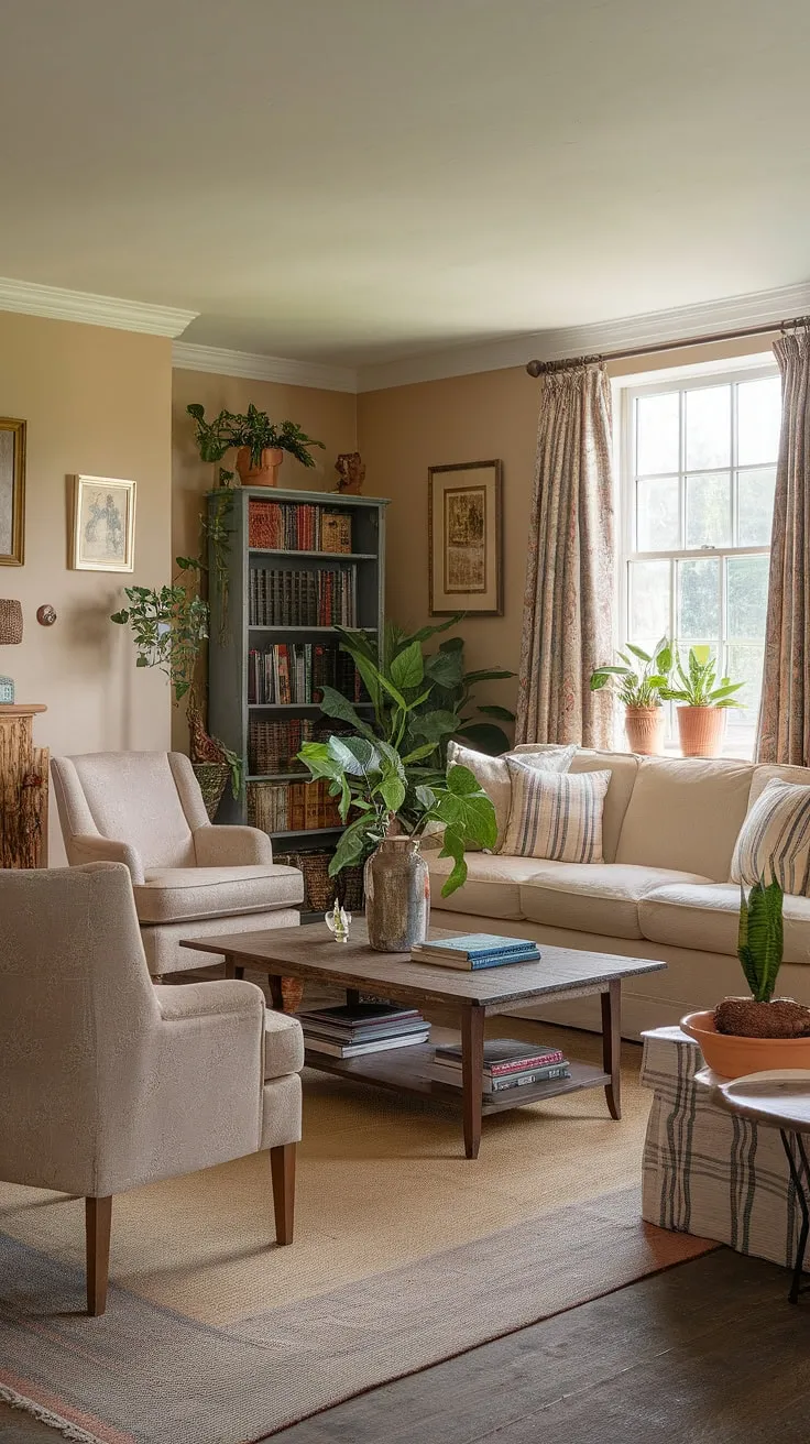 Escape to the idyllic comfort of this cottage living room.  The English country style shines through in every detail, from the warm beige walls to the thoughtfully chosen furnishings. This country house interior offers a perfect blend of rustic charm and sophisticated lounge design, embodying the essence of English country decor.