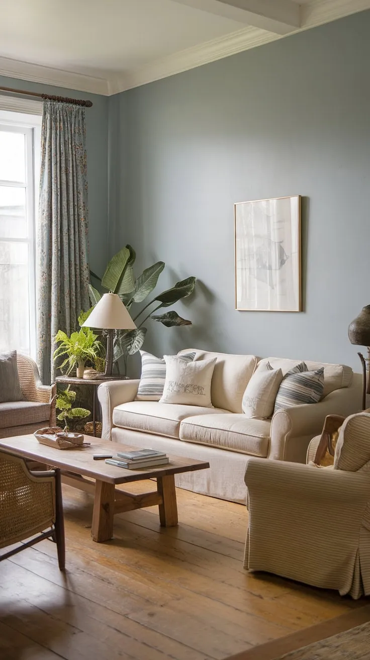 Escape to tranquility in this English country style cottage living room.  The beige sofa and rustic wooden coffee table invite you to unwind, while the potted plants and soft lighting add a touch of nature to this idyllic country house interior.  A perfect example of thoughtful lounge design.