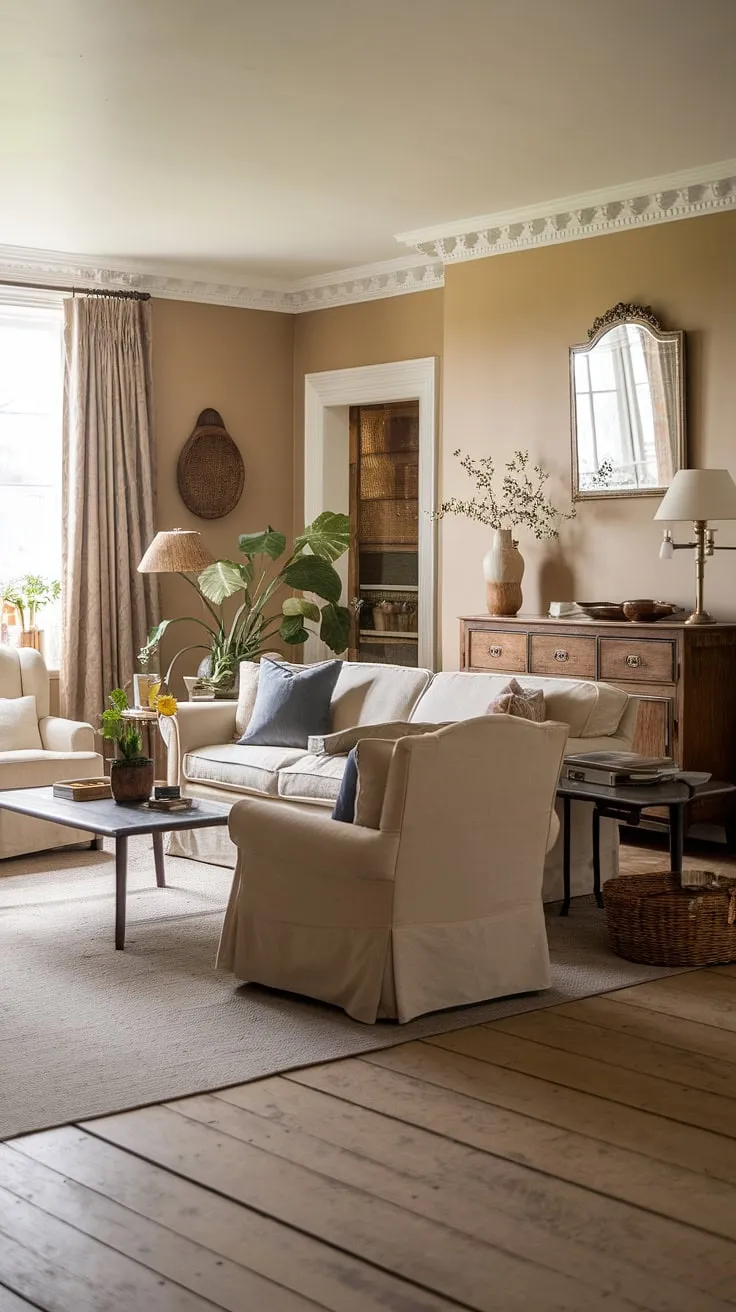 Step into the heart of this charming country living room, where English country style reigns supreme.  The carefully curated details, from the wooden sideboard to the carefully chosen plants, create a welcoming atmosphere. This country house interior is a testament to the beauty of simple elegance, a perfect example of sophisticated cottage living rooms and thoughtful lounge design.