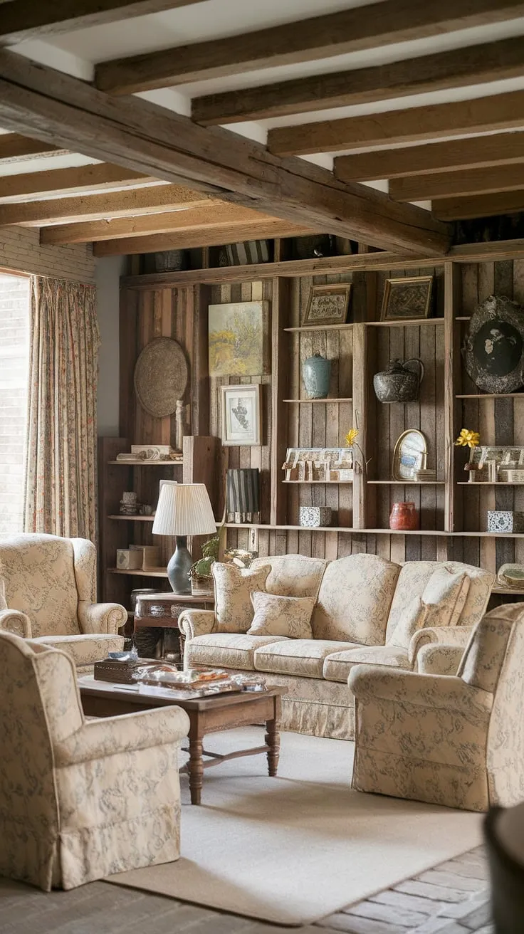 Embrace the charm of this country living room, showcasing the quintessential English country decor.  The exposed beams and brickwork perfectly complement the floral patterned furniture and rustic wooden accents, creating a truly inviting country house interior. This lounge design epitomizes cottage living rooms at their finest, offering a haven of English country style.