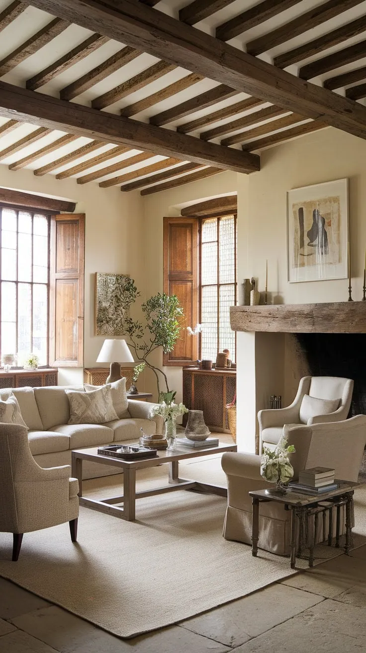 Embrace the warmth and inviting charm of this English country living room.  The rustic fireplace, exposed beams, and thoughtfully chosen furnishings create a quintessential country house interior, perfect for relaxing evenings and cherished moments. This lounge design exemplifies the beauty of English country style, blending comfort and elegance in a truly captivating cottage living rooms setting.