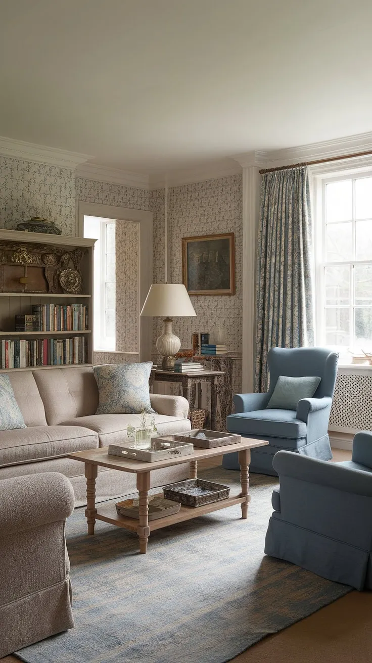 Sunlight streams into this charming country living room, showcasing the quintessential English country decor.  The comfortable seating arrangement, featuring a beige sofa and a blue armchair, invites relaxation in this beautiful country house interior, a perfect example of cottage living rooms and elegant lounge design.