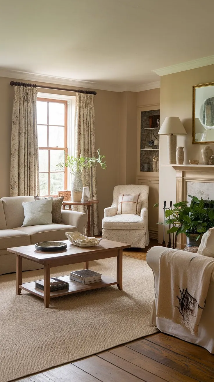 Step into the heart of this charming English country style cottage living room, where cozy comfort meets elegant simplicity.  The lounge design perfectly embodies country house interior aesthetics, showcasing the beauty of natural materials and a calming color palette.