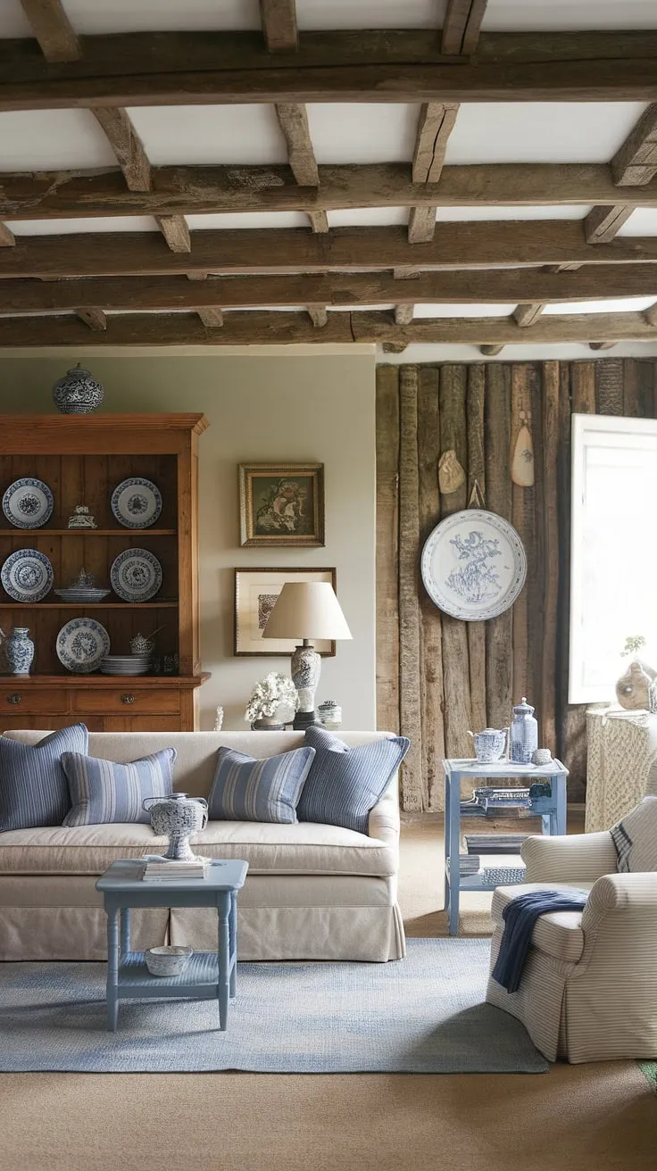 Embrace the charm of this country living room, showcasing the quintessential English country decor.  The soft blues and whites, paired with rustic wooden beams, create a tranquil and inviting space perfect for relaxation. This country house interior exemplifies the elegance of English country style, offering a delightful blend of comfort and sophistication in its cottage living rooms lounge design.