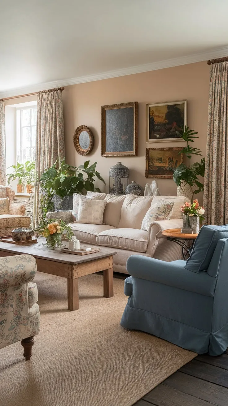 Escape to tranquility in this beautifully styled country living room.  English country decor infuses the space with a warm and inviting atmosphere, showcasing the best of cottage living rooms and lounge design.  The country house interior is complete with carefully chosen details, creating a space that's both stylish and utterly relaxing.