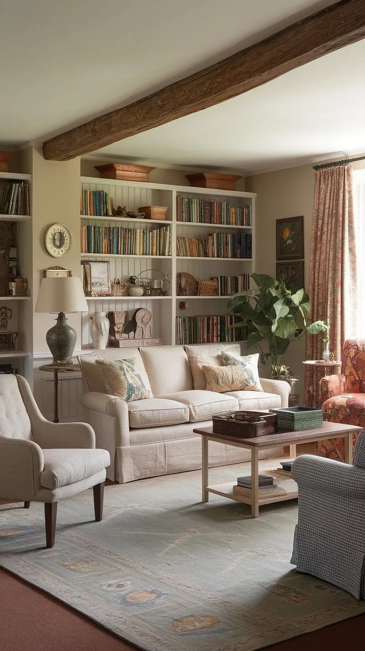 Immerse yourself in the idyllic beauty of this English country style cottage living room.  The carefully chosen details, from the artwork to the potted plant, perfectly complement the country house interior's overall design. This lounge design exemplifies the charm and comfort of English country decor, creating a truly inviting country living room.