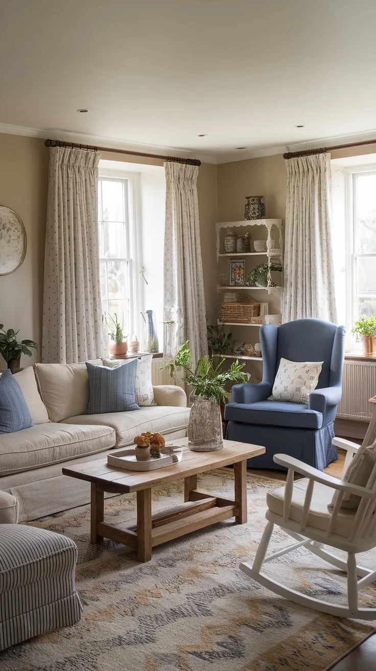 Step into the heart of this charming English country living room, where cottage-inspired design meets ultimate comfort.  The soft beige palette, blue accents, and carefully chosen furnishings create a tranquil country house interior perfect for relaxation. This lounge design embodies the essence of English country style, a haven of peace in a quintessential cottage living rooms setting.