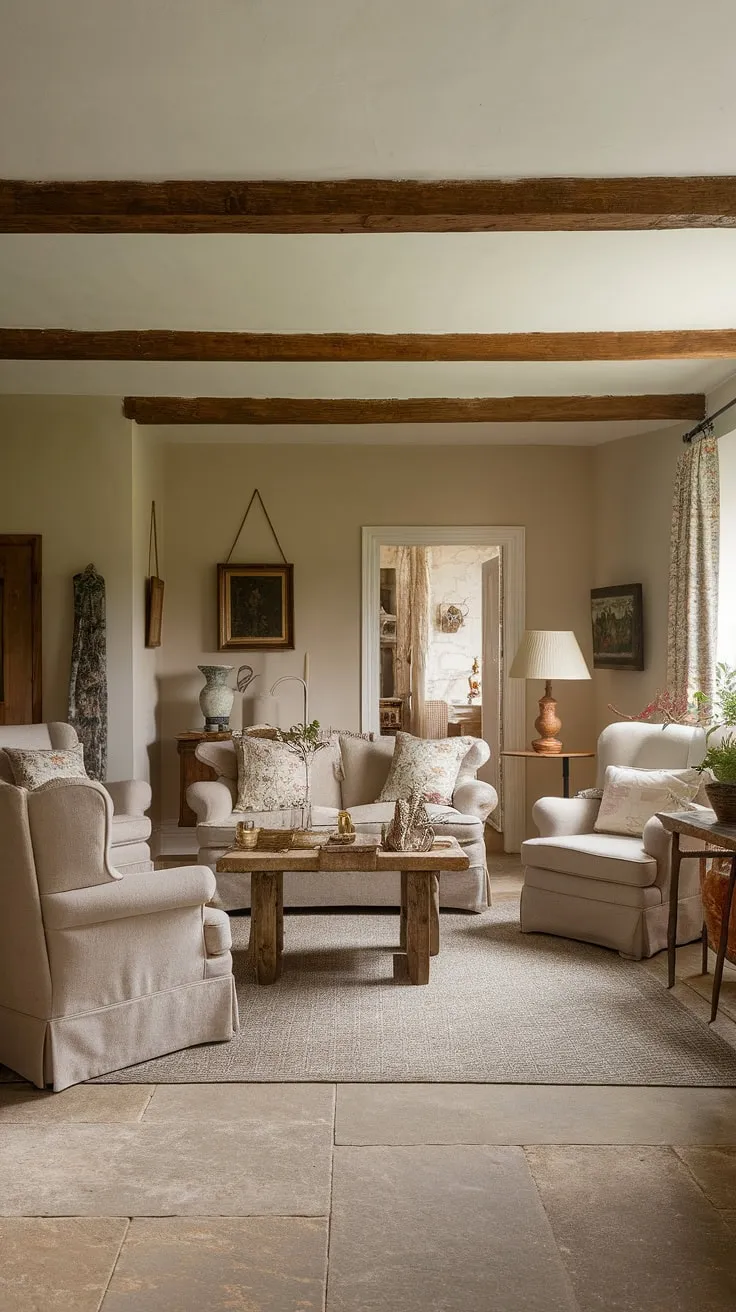 This country house interior epitomizes English country decor.  The inviting cottage living rooms features a relaxed lounge design, complete with a neutral palette, rustic wooden accents, and a cozy atmosphere that embodies the spirit of country living room style.