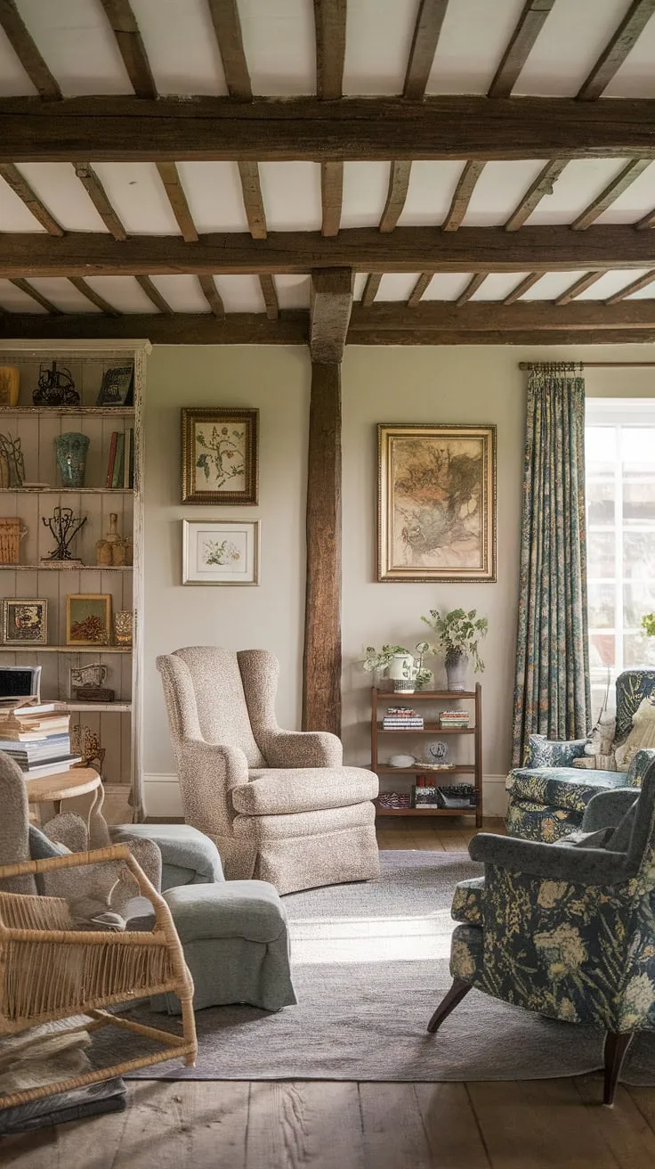 Step into the heart of this charming country living room, where English country decor creates a haven of rustic elegance.  The cottage living rooms design, complete with exposed wooden beams and a cozy lounge area, embodies the quintessential English country style.