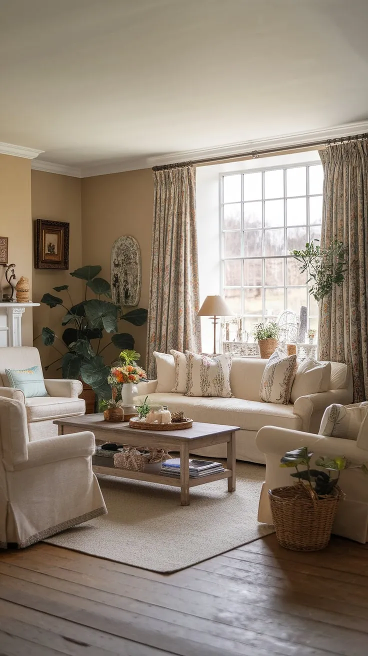 Escape to tranquility in this idyllic country living room.  The English country style shines through in every detail, from the soft beige palette to the carefully chosen decorative items. This country house interior offers a perfect example of sophisticated cottage living rooms and thoughtful lounge design.
