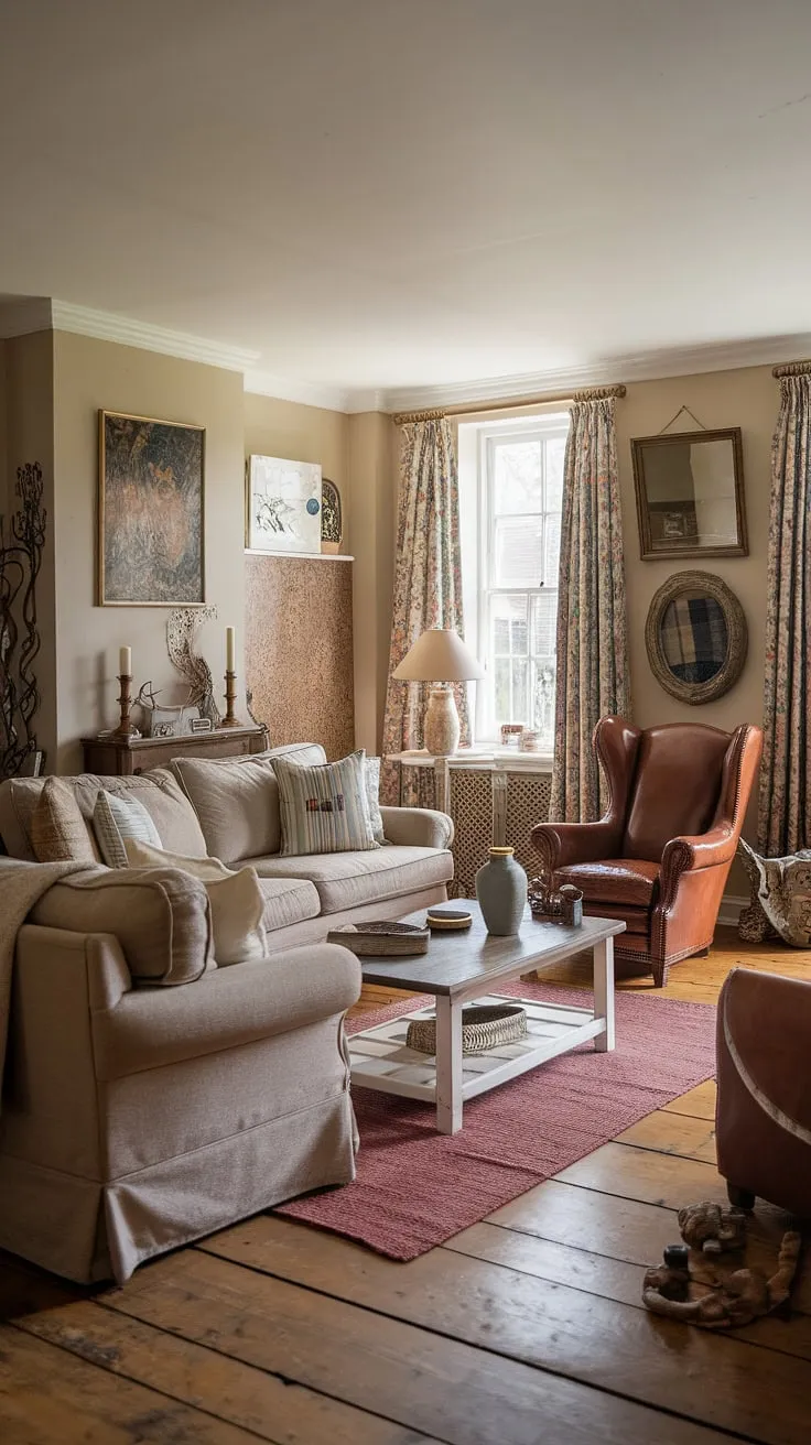 Step into the heart of this charming English country style cottage living room, where comfort meets classic design.  The warm hues and carefully curated details create a truly inviting space, perfect for relaxing evenings and cherished moments. This country house interior showcases the best of lounge design, blending rustic charm with elegant simplicity.